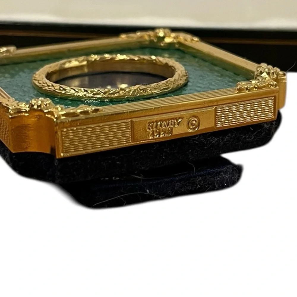 Antique Kitney & Co Guilloche Enamel Frame Green Gold Gilded Boxed 2.25in